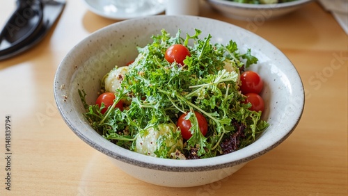 Fresh salad in ceramic bowl with cherry tomatoes on wood table