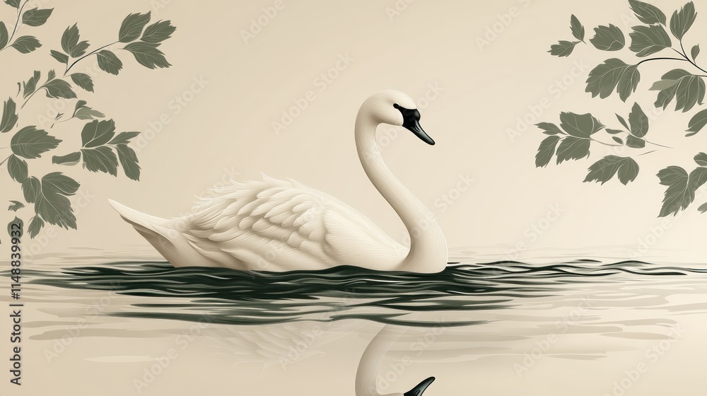 Obraz premium Elegant white swan gracefully swimming on calm water, framed by leaves.