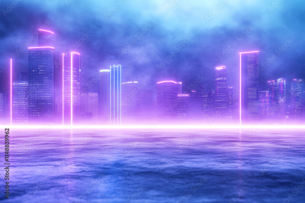 Fototapeta premium Futuristic cityscape with neon lights and misty atmosphere, creating vibrant and surreal environment