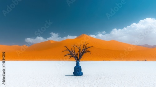 Solitary figure meditating before a desert landscape. photo