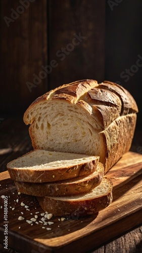 Close-up view of freshly baked artisan bread slices, one with a pat of butter, arranged on a wooden cutting board with a shadowed background photo