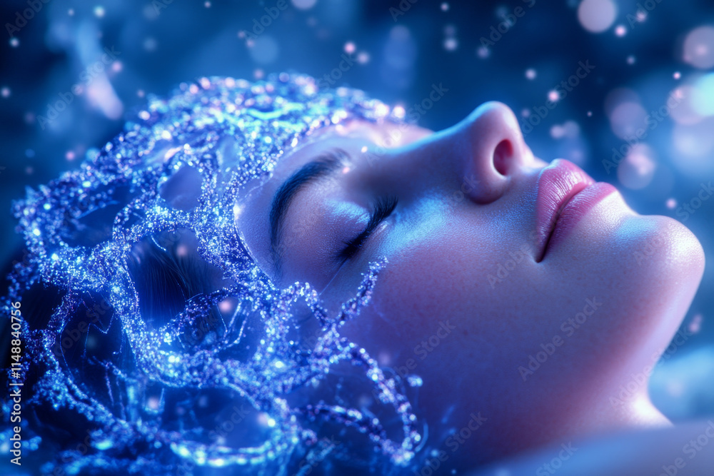 Fototapeta premium serene woman with glowing headpiece rests peacefully, surrounded by soft blue light