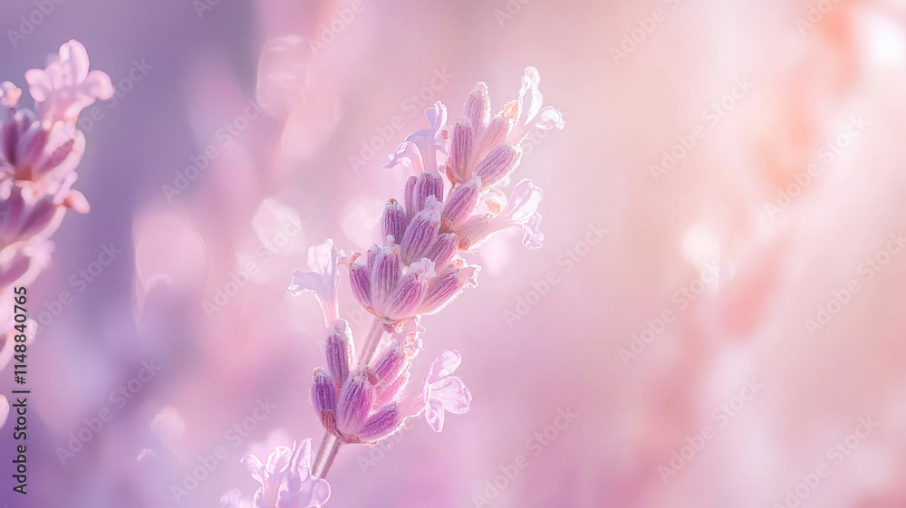 Obraz premium A macro capture of fresh lavender flowers, showcasing their delicate purple hues and intricate details, set against a softly blurred background, evoking a calming and aromatic atmosphere. 