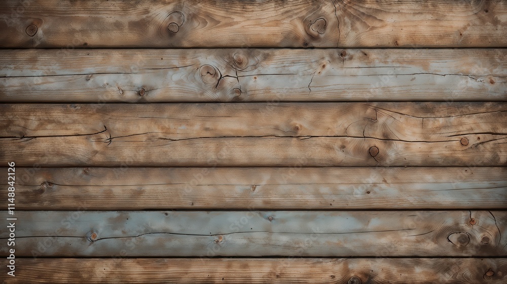 Naklejka premium Weathered wood background, aged wooden planks with faded paint and visible grain, rustic and nostalgic