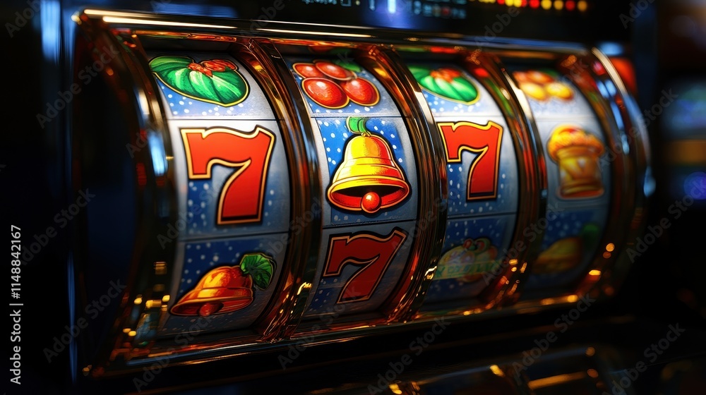 Vibrant slot machine with colorful reels lined with fruits, bells, and lucky symbols, ready for action. Vibrant slot machine with colorful reels lined with fruits, bells, and lucky symbols, ready for action.