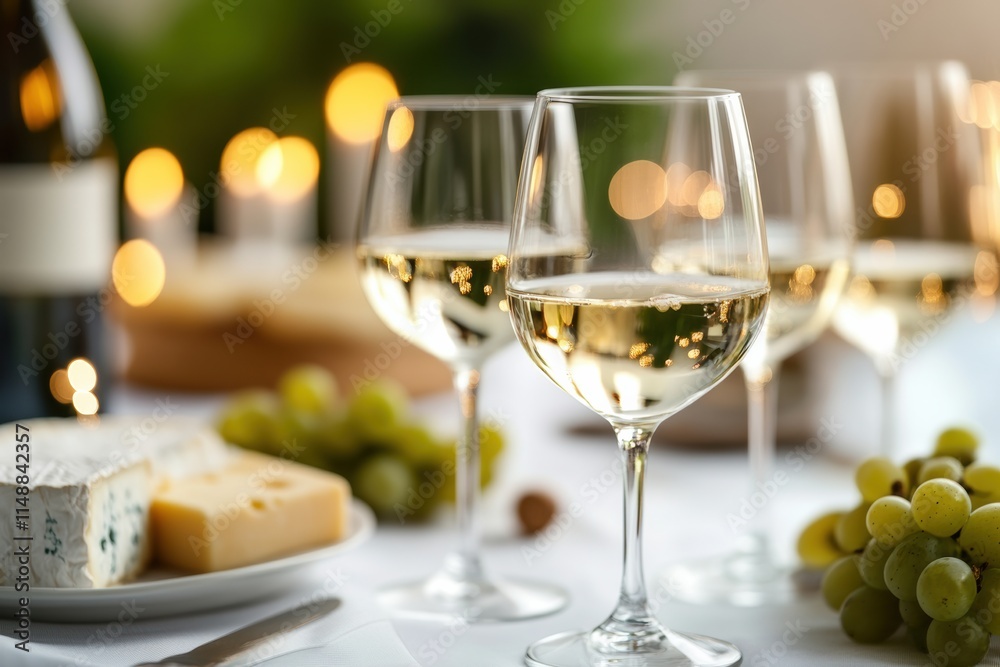 Elegant wine and cheese setting for a gathering with friends and family at a beautifully arranged table. Generative AI Elegant wine and cheese setting for a gathering with friends and family at a beautifully arranged table. Generative AI