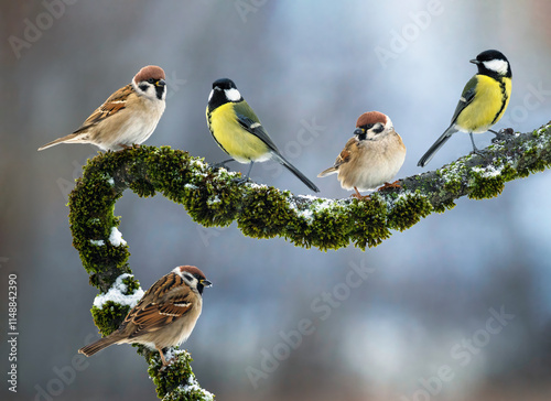 birds sparrows and titmouse sitting on mossy branch in winter forest
