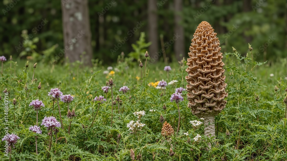Elegant morel mushroom in forest clearing with ferns and wildflowers Elegant morel mushroom in forest clearing with ferns and wildflowers