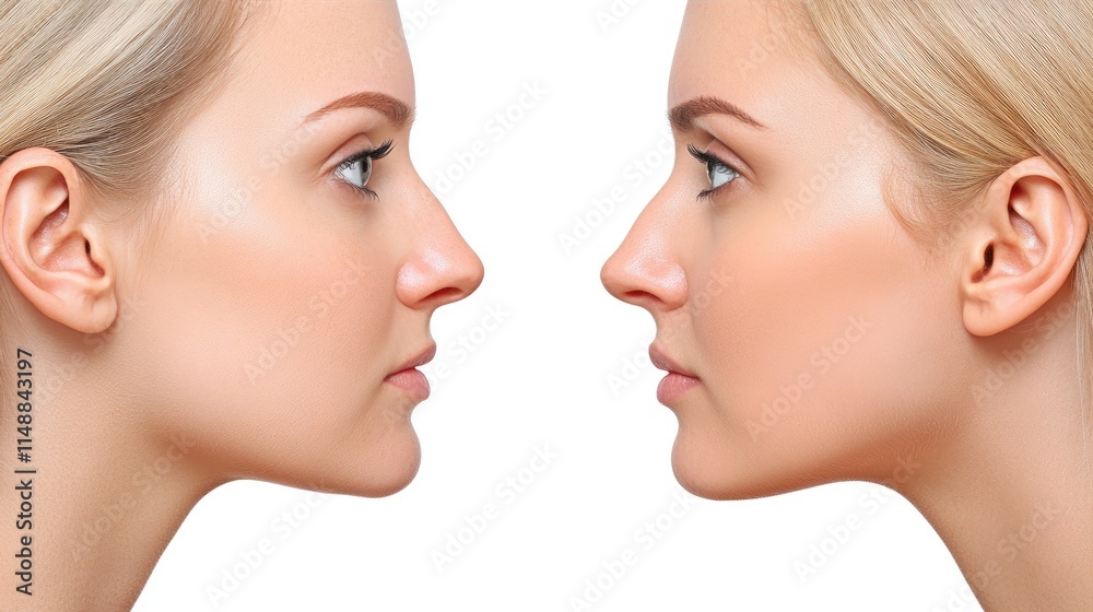 Close-Up Profile Comparison of Two Women with Different Nose Shapes and Facial Structures, Highlighting Side Views and Natural Beauty of Unique Features Close-Up Profile Comparison of Two Women with Different Nose Shapes and Facial Structures, Highlighting Side Views and Natural Beauty of Unique Features