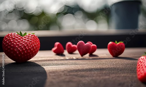Heart-Shaped Strawberries Roll Across Wooden Surface Towards Other Heart-Shaped Strawberries in a Romantic Setting, Close-up View of Sweet Red Berries Under Soft Sunlight with Blurred Background.