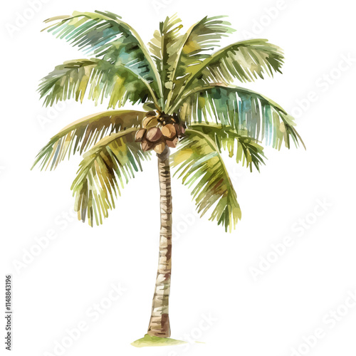 A watercolor vector of a tropical palm tree with coconuts, isolated on a white background. Palm tree vector.
