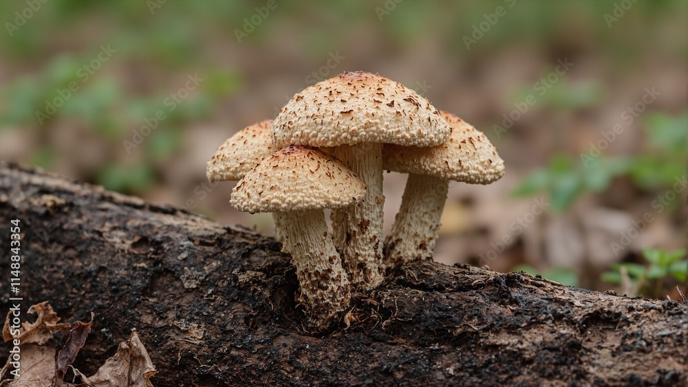 Fototapeta premium Close up of shiitake mushrooms growing on weathered wood showcasing cracked caps and earthy tones