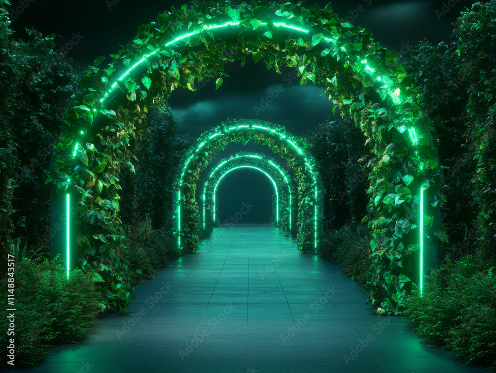 Obraz premium glowing eco bridge adorned with lush green vines creates serene pathway