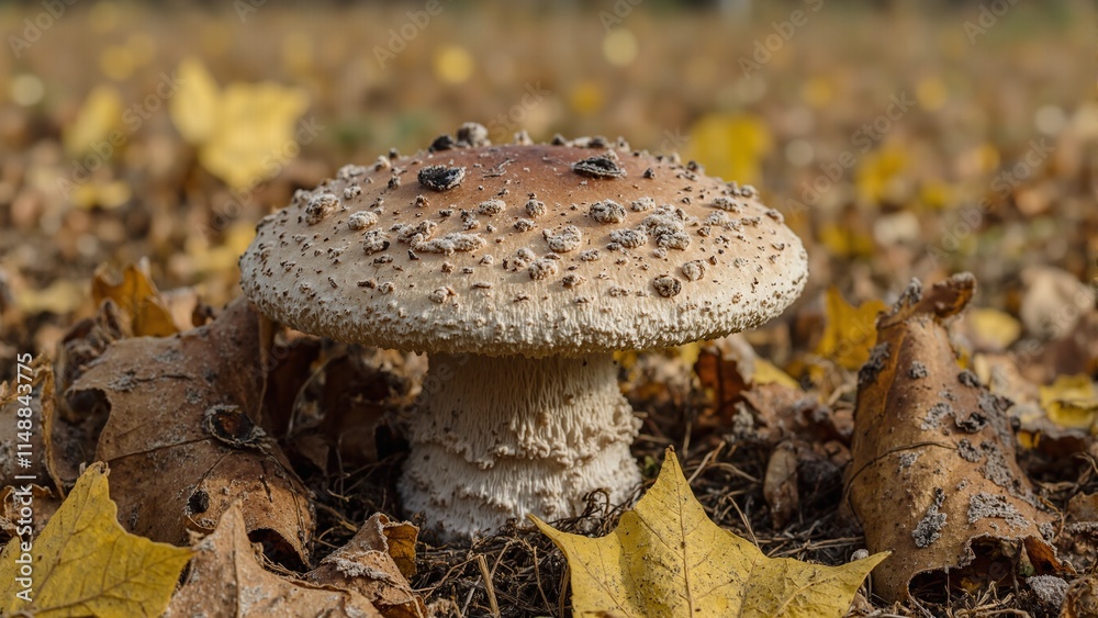Earth toned cap mushroom textured and cracked rests amidst golden leaves with a touch of frost on the ground Earth toned cap mushroom textured and cracked rests amidst golden leaves with a touch of frost on the ground