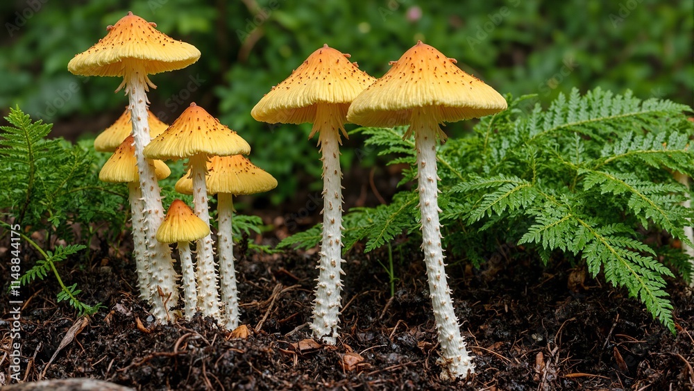 Vibrant yellow mushrooms in a forest setting with long white stems and conical caps surrounded by lush green ferns Vibrant yellow mushrooms in a forest setting with long white stems and conical caps surrounded by lush green ferns