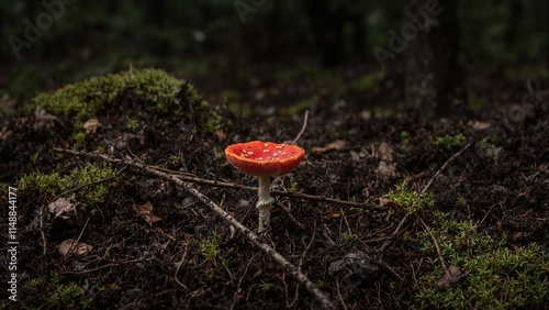 Vibrant red scarlet elf cup mushroom among dark forest soil twigs and moss