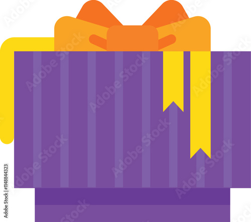 Purple gift box wrapped with an orange bow and yellow ribbon, symbolizing a present for a birthday, holiday, or other special occasion, celebrating generosity and the joy of giving