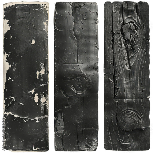 Three black wooden boards with a worn and weathered appearance