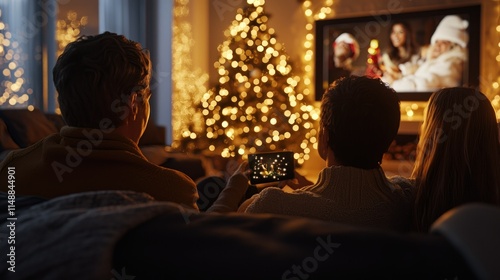 Wallpaper Mural A group of people on a couch, enjoying a Christmas film. The background features a large tree with colourful lights and decorations. Torontodigital.ca