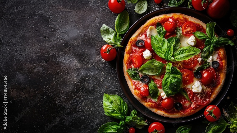 Delicious pizza with tomatoes, olives, cheese, and basil on dark background. Delicious pizza with tomatoes, olives, cheese, and basil on dark background.