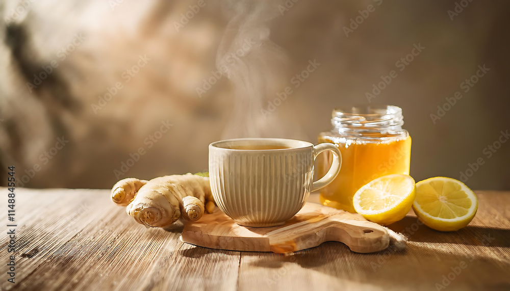Sipping on a steaming cup of ginger tea, garnished with thin slices of zesty ginger and bright lemon wedges, evokes warmth and comfort during a chilly February day Sipping on a steaming cup of ginger tea, garnished with thin slices of zesty ginger and bright lemon wedges, evokes warmth and comfort during a chilly February day
