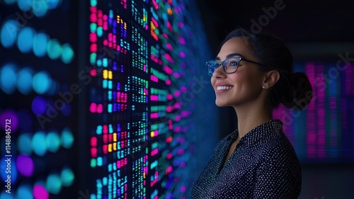 smile and productive concept. A woman smiles in front of a colorful digital display, showcasing technology and innovation.