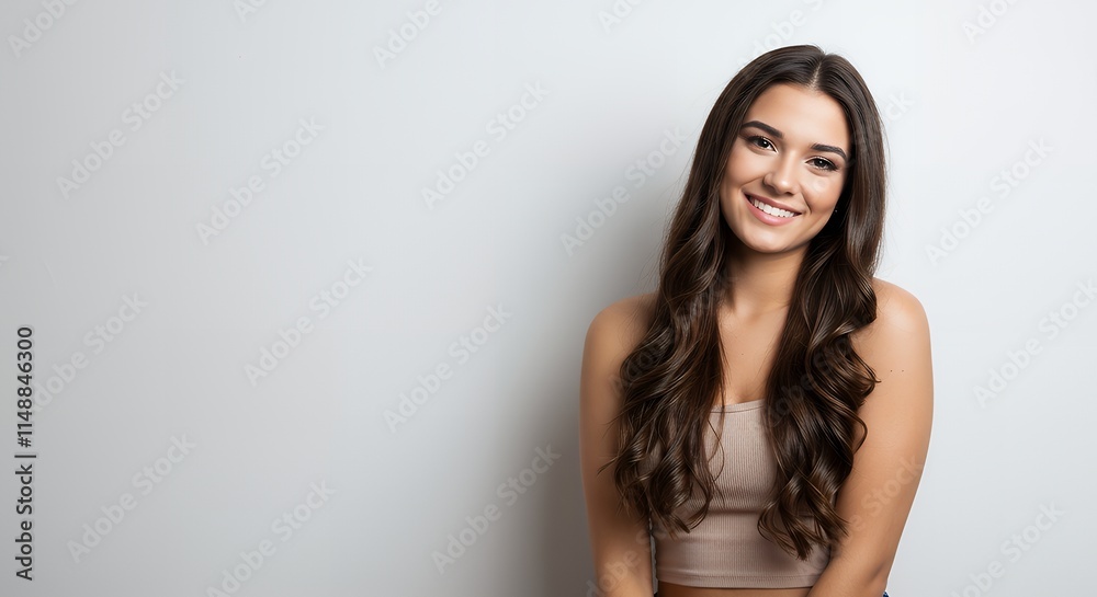 American girl alone against a white and blue background, smiling, beautiful brunette posing in front of a white wall. A young woman stands by a blank wall. American girl alone against a white and blue background, smiling, beautiful brunette posing in front of a white wall. A young woman stands by a blank wall.