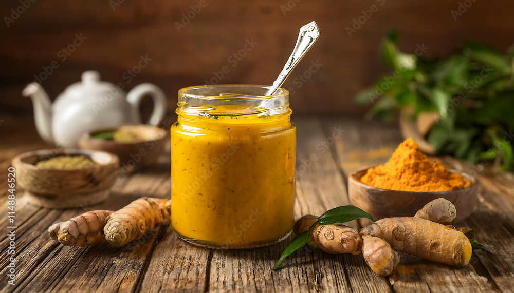 Golden turmeric paste sits in a glass jar, accompanied by fresh turmeric roots and spices, creating a vibrant still life that evokes the essence of spring in February Golden turmeric paste sits in a glass jar, accompanied by fresh turmeric roots and spices, creating a vibrant still life that evokes the essence of spring in February