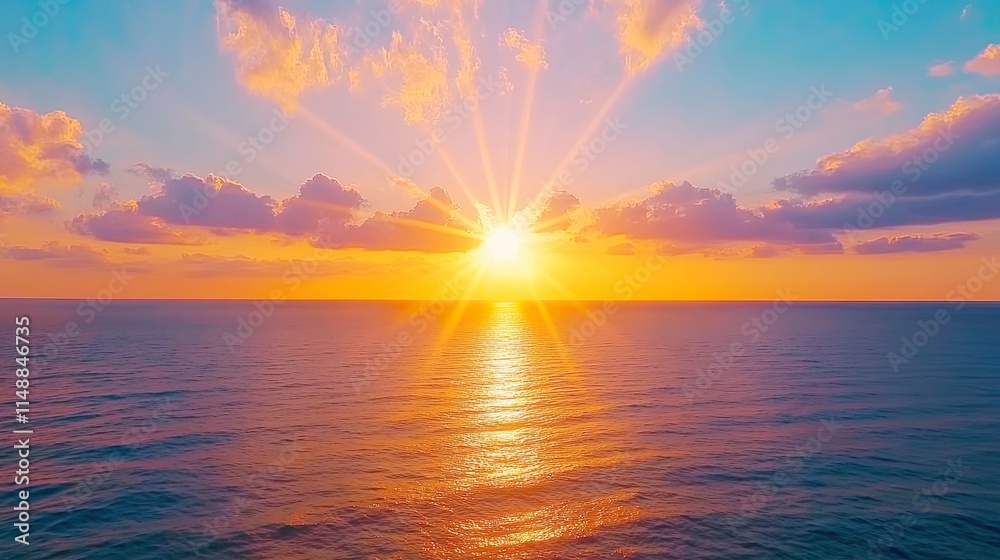Fototapeta premium Stunning Sunset Over Tranquil Ocean with Vibrant Colors and Radiant Sun Rays Displaying Peaceful Evening Atmosphere and Natural Beauty