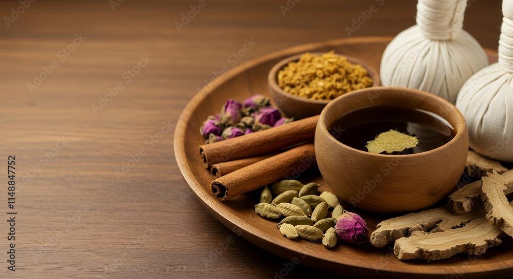 Ayurvedic medicine theme displayed in a close-up copy space image. Ayurvedic medicine theme displayed in a close-up copy space image.