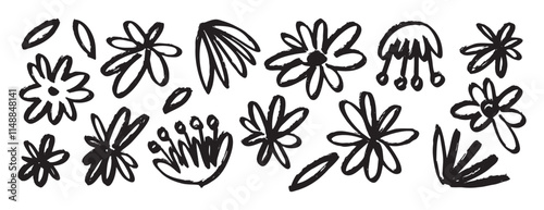 flowers black ink brush grunge drawing, monochrome botanical illustration isolated icons. Hand drawn floral vector elements clipart