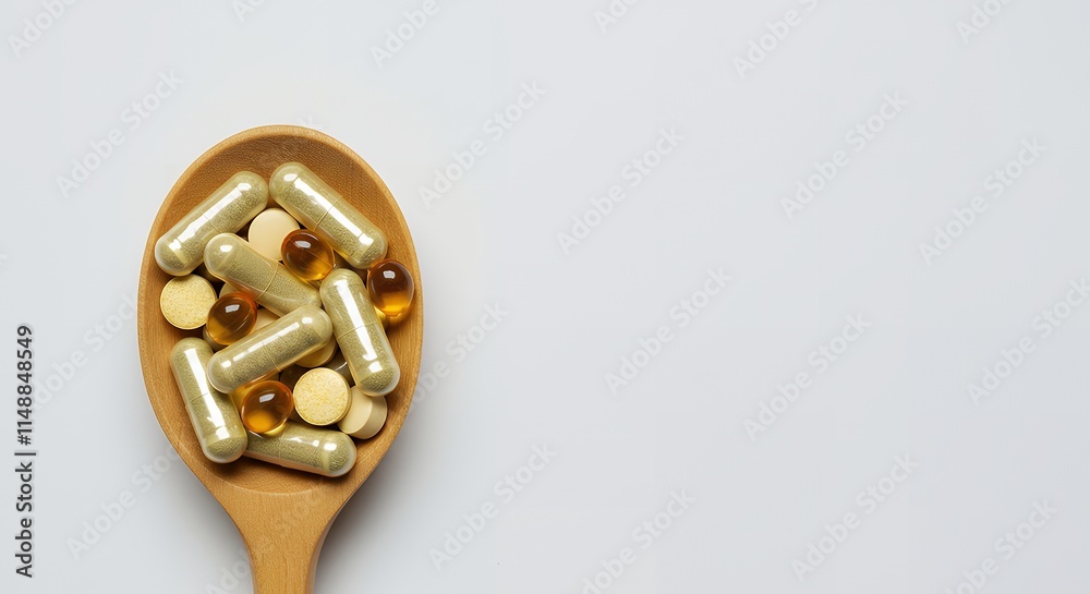 Capsule and vitamin organic supplements beneficial for health in a wooden spoon on a white background with copy space, related to medicine and drugs. Capsule and vitamin organic supplements beneficial for health in a wooden spoon on a white background with copy space, related to medicine and drugs.