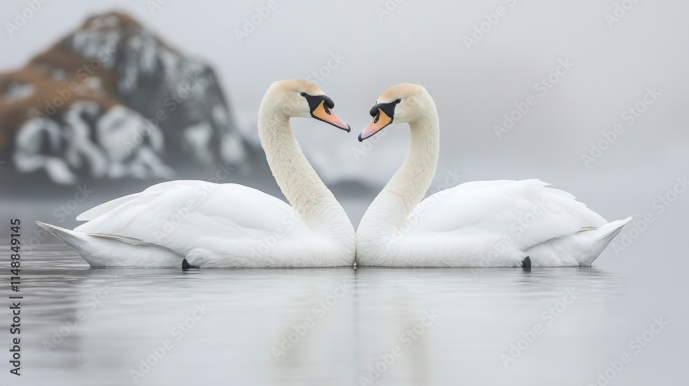 Fototapeta premium Two swans forming a heart shape on calm water with a snowy mountain in the background.