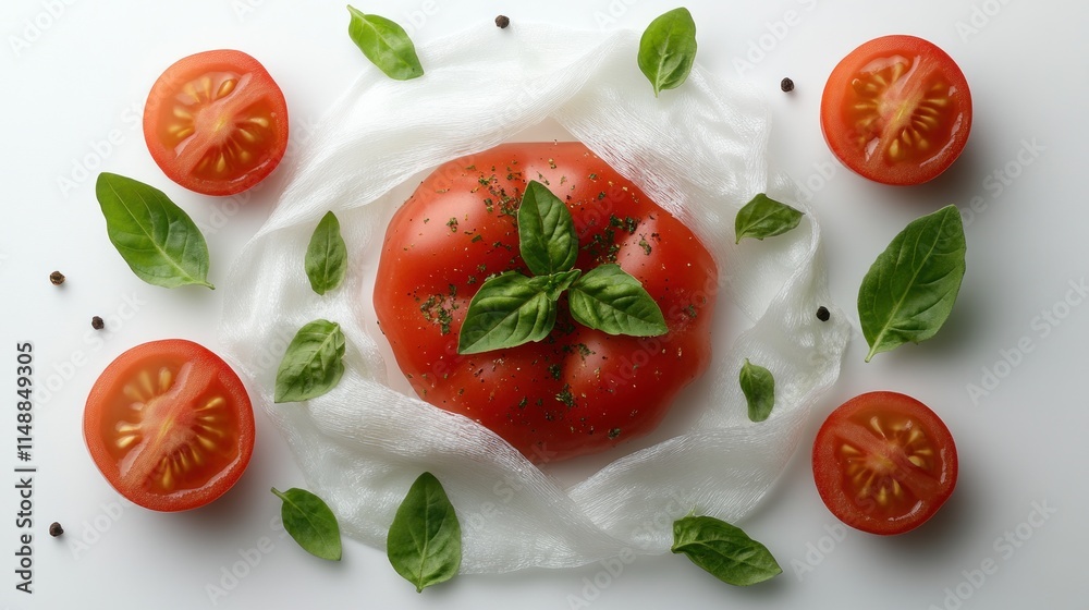 Ripe tomatoes, basil leaves, and peppercorns on white fabric. Ripe tomatoes, basil leaves, and peppercorns on white fabric.