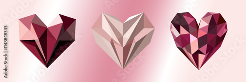 A set of three geometric hearts in origami style, designed in various shades of red, pink, and burgundy, with sharp angles