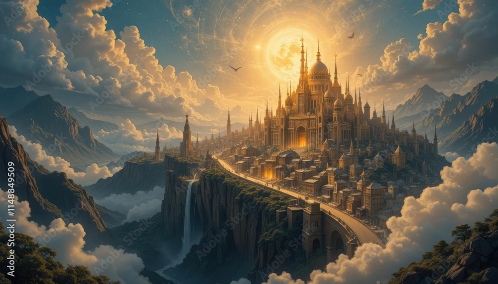 Naklejka premium A breathtaking vista of a fantastical city nestled within a valley, bathed in the warm light of sunrise.