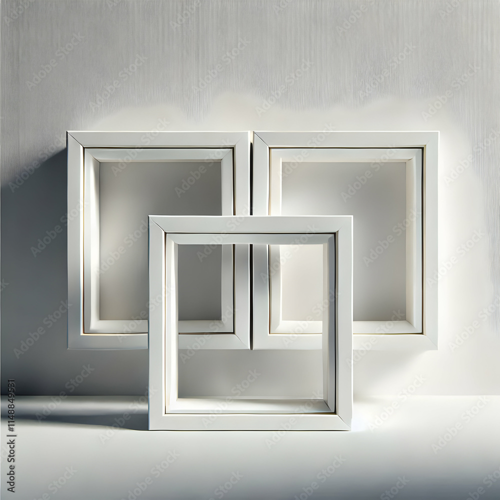Triple white square frames aligned in center concept as Three white square frames perfectly aligned in the center on a clean white glossy background creating an elegant minimal copy space for text or 