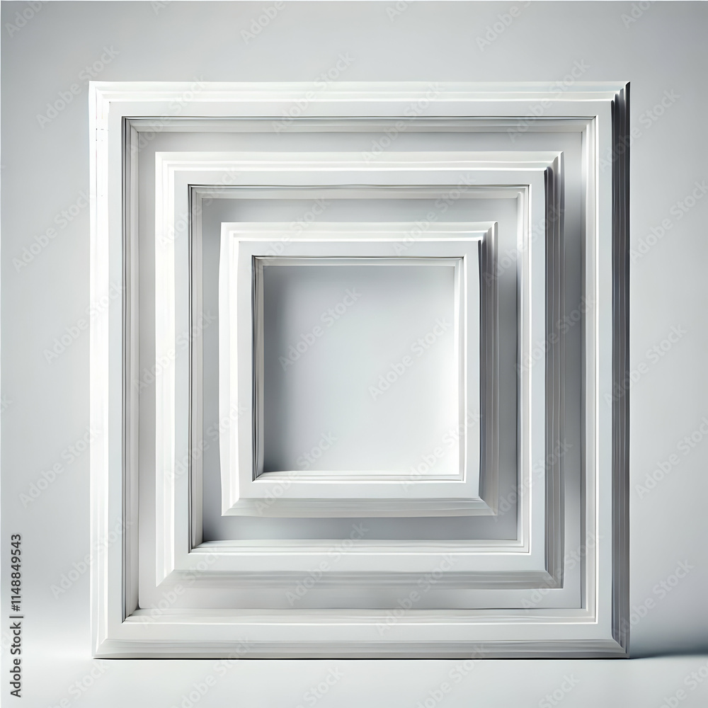 Triple white square frames aligned in center concept as Three white square frames perfectly aligned in the center on a clean white glossy background creating an elegant minimal copy space for text or Triple white square frames aligned in center concept as Three white square frames perfectly aligned in the center on a clean white glossy background creating an elegant minimal copy space for text or