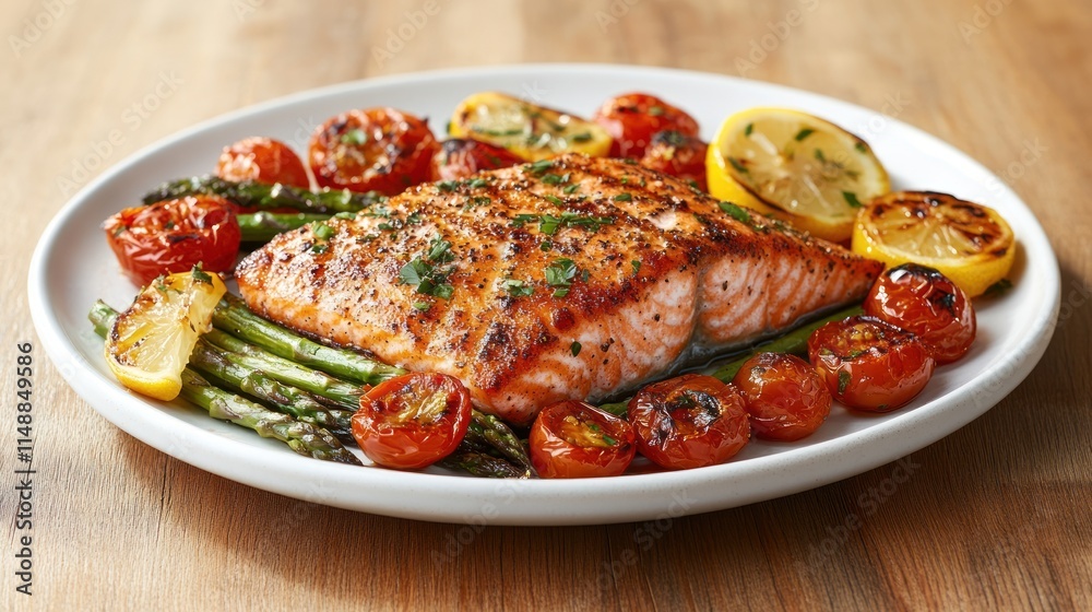 Roasted salmon fillet with asparagus and tomatoes. (1) Roasted salmon fillet with asparagus and tomatoes. (1)
