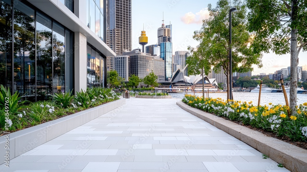 Modern cityscape walkway with flowers, waterfront, and city skyline in the background.
