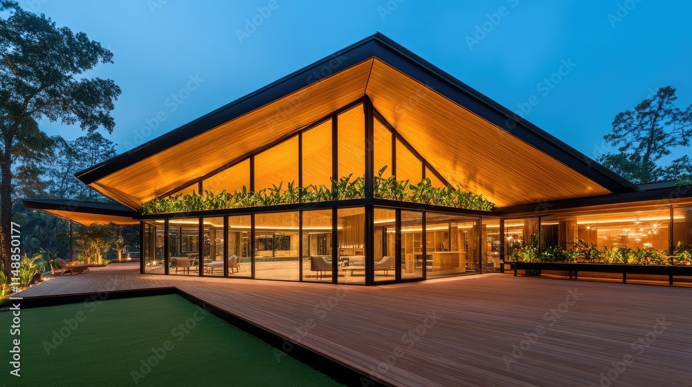 Modern architectural design showcasing a stunning contemporary house with large windows and wooden rooftops illuminated by warm interior lights during twilight Modern architectural design showcasing a stunning contemporary house with large windows and wooden rooftops illuminated by warm interior lights during twilight