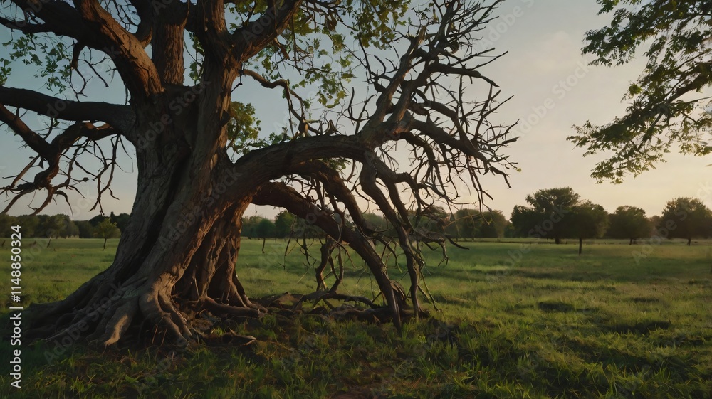 Unique gnarled tree in an open field during golden hour with a serene landscape Unique gnarled tree in an open field during golden hour with a serene landscape