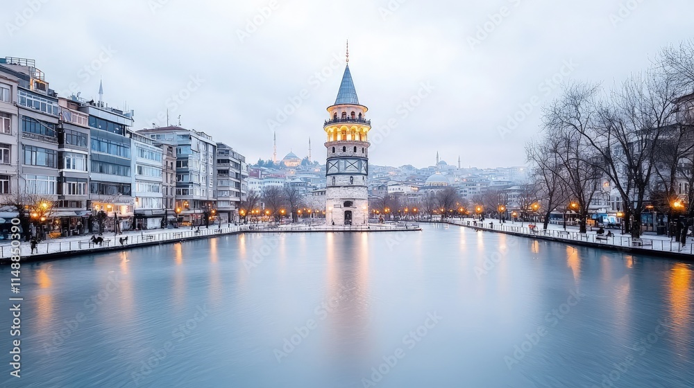 Fototapeta premium Fictional digital illustration of Galata Tower at the end of a calm canal during a cold winter evening, with city lights reflecting on the water.