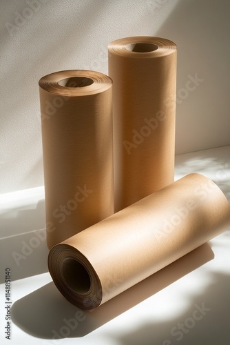 A close-up of a tightly coiled kraft paper roll on a neutral backdrop, highlighting its earthy tone
