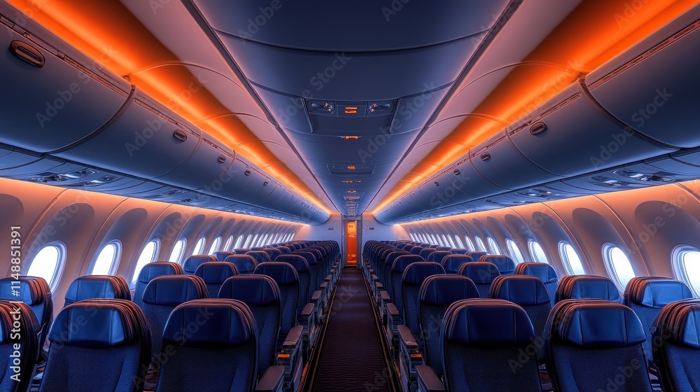 Fototapeta premium Empty airplane cabin with blue seats and orange lighting.