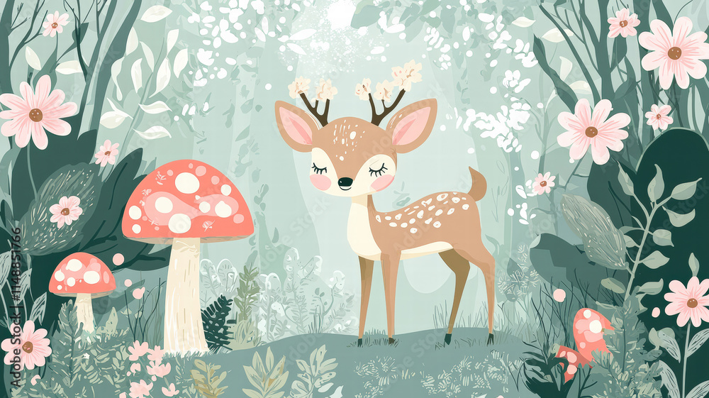 Obraz premium A magical kawaii forest filled with glowing mushrooms, smiling flowers, and a cheerful deer, creating a fantasy-inspired scene in soft pastel tones that evoke joy and whimsy