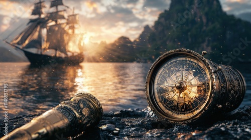 Antique compass and spyglass on shore with sailing ship at sunset.