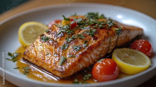 Seared salmon fillet with lemon and tomatoes. photo