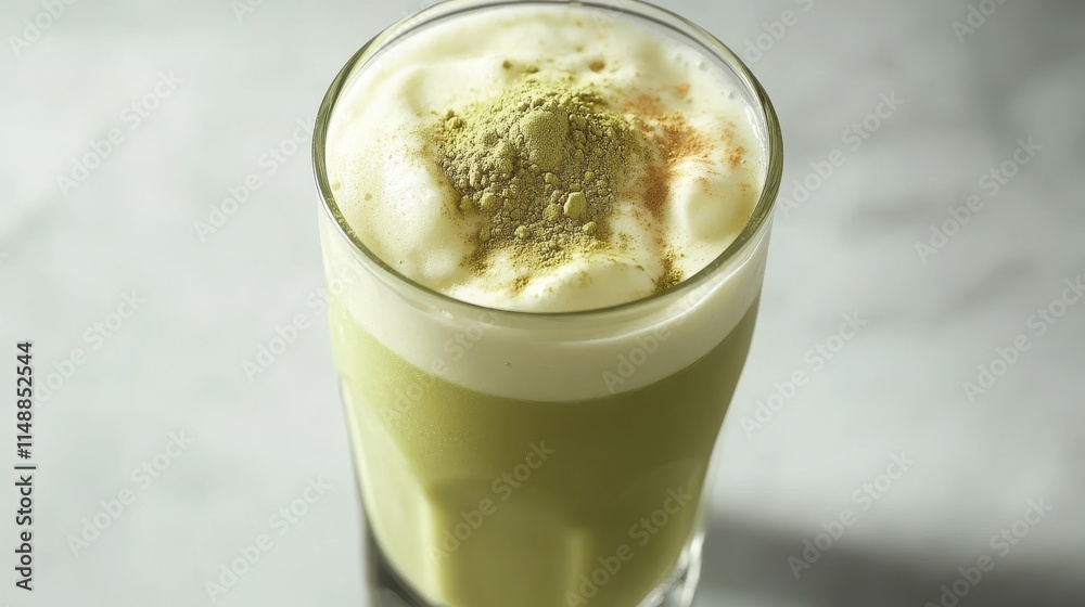 Creamy Matcha Latte in a Glass with Foam Topping Creamy Matcha Latte in a Glass with Foam Topping