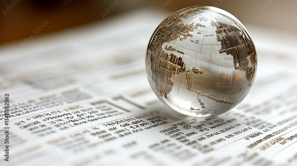 A crystal-clear globe rests on a financial chart, symbolizing global markets, economic connections, sustainability, and the interdependence of finance and environmental stewardship in a bright, serene A crystal-clear globe rests on a financial chart, symbolizing global markets, economic connections, sustainability, and the interdependence of finance and environmental stewardship in a bright, serene